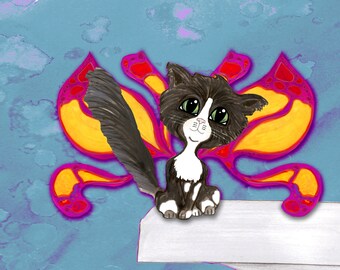 Fairy Cat Watercolor Art Print, Kitten Pixie, Nursery Decor
