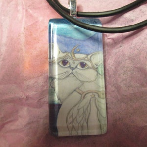 Persian, Angel, White winged grey cat, Fantasy art glass tile pendant, adorable cat, fancy, blue green grey colors image 3