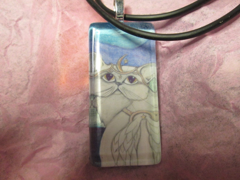 Persian, Angel, White winged grey cat, Fantasy art glass tile pendant, adorable cat, fancy, blue green grey colors image 3