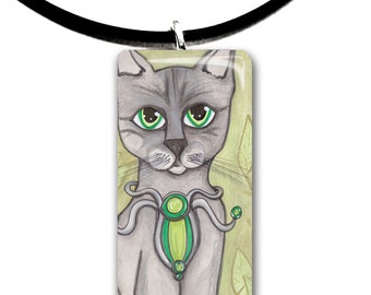 Grey Black cat, Fantasy art glass tile pendant, adorable cat, gray cat,