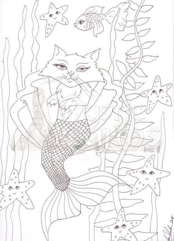 Mercat Cat mermaid Coloring page download Mermaid hand | Etsy