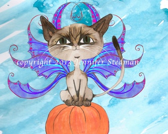 Halloween Kätzchen Kunstdruck, Frixie Fee Katze auf Kürbis