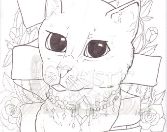 Naughty cat, trouble maker, Coloring page download, tattoo cat, Cat art, big eyes, hand drawn, fantasy cat art, flowers and diamond cat