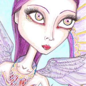 May include: A colorful illustration of a woman with purple hair, large eyelashes, and angel wings. The artwork features a detailed design with vibrant colors, including pink, yellow, and blue. The woman has a decorative necklace and a serene expression.