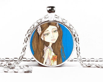 Fantasy artwork, mermaid art, metal tray glass pendant, handmade