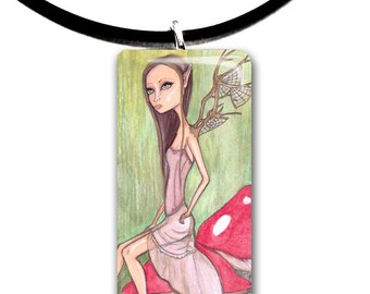 Woodland Sprite, pendant, big eyes girl, Forest faerie, fairy art, toadstools, mushroom, enchanted woodland