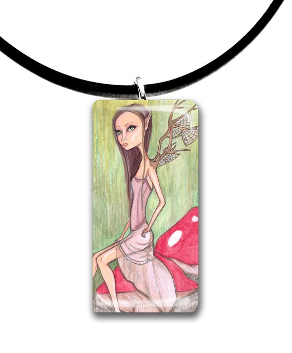 Woodland Sprite, pendant, big eyes girl, Forest faerie, fairy art, toadstools, mushroom, enchanted woodland