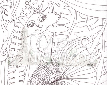 Princess, Mercat, Queen cat, Cat mermaid, Coloring page download, Mermaid, hand drawn, fantasy art, retro, 60s, purr