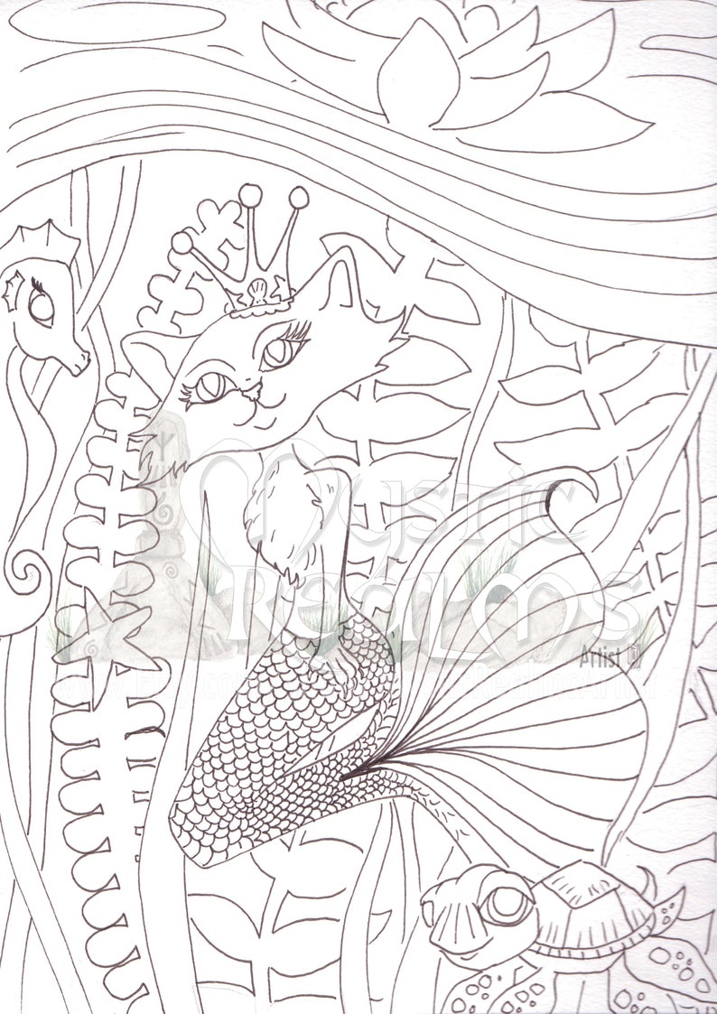 Princess Mercat Queen cat Cat mermaid Coloring page | Etsy