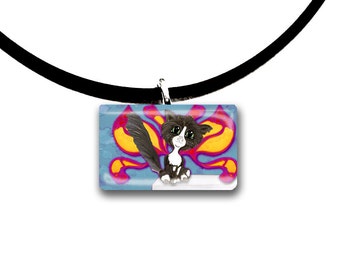 Frixie pixie cat, Fantasy art glass tile pendant, tuxedo cat, fairy cat, black and white cat