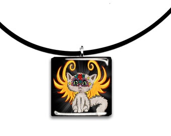 Day of the Dead Cat Fairy, Frixie pixie cat, Fantasy art glass tile pendant, grey, yellow and black