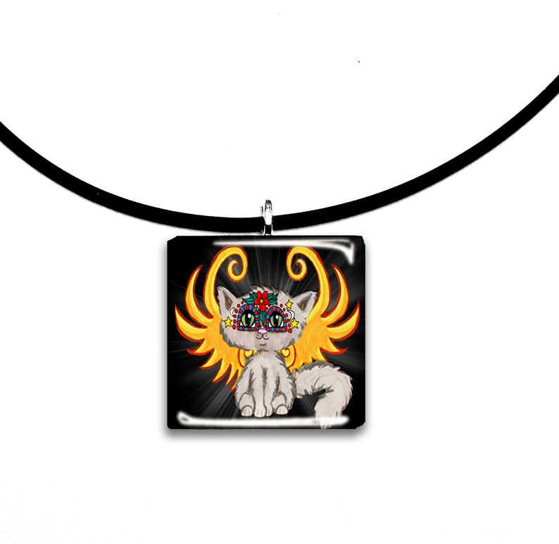 Day of the Dead Cat Fairy, Frixie pixie cat, Fantasy art glass tile pendant, grey, yellow and black image 1