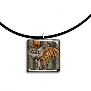 May include: A square pendant necklace featuring a cartoon cat in steampunk attire. The cat wears a top hat, monocle, and mechanical wings. The pendant hangs from a black cord. The background has a striped pattern.