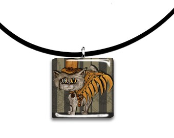 Top hat, tom cat, Steampunk kitten, Frixie pixie cat, Fantasy art glass tile pendant, leather colors, grey and tans, gray fluffy kitty