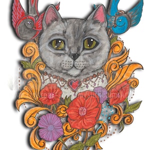 Burmese cat art, Pet portrait, Grey cat, Adorable cat, feline, big eyes, whimsical,  hand drawn, fantasy cat art,