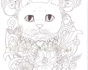 Coloring page download, tabby cat, angel devil cat, tattoo style, fancy Cat art, big eyes, fantasy cat art, flowers and birds cat