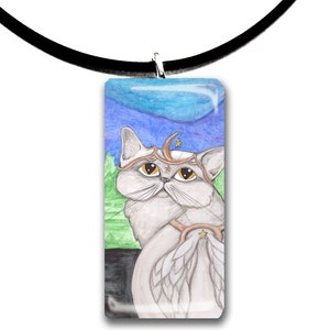 Persian, Angel, White winged grey cat, Fantasy art glass tile pendant, adorable cat, fancy, blue green grey colors image 2