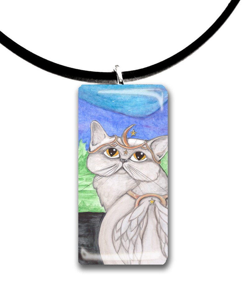 Persian, Angel, White winged grey cat, Fantasy art glass tile pendant, adorable cat, fancy, blue green grey colors image 2