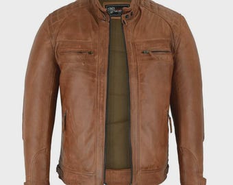 Mens Cafe Racer Waxed Lambskin Austin Brown Motorcycle Leather Jacket