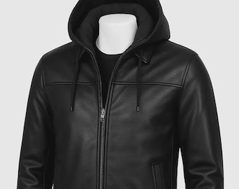 May include: Black leather hooded jacket with a full-length zipper, front pockets, and a drawstring hood. The jacket is displayed on a mannequin. The jacket is a classic outerwear piece.