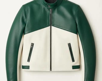 Men's Green & White Faux Leather Biker Jacket | Two-Tone Moto Outerwear