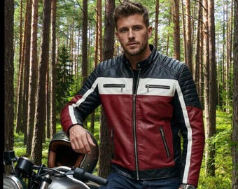 Handmade Tri-Color Leather Cafe Racer Jacket – Padded Shoulder Biker Retro Coat