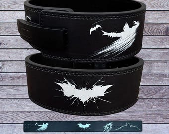 Black Leather Weightlifting Belt with White Bat Hero Graphic – Powerlifting Gym Belt