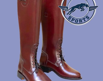 Handmade British Officer Leather Long Boot - Brown Leather Lace up Riding Boots