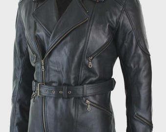 Mens Black 3/4 Motorcycle Biker Long Cow-Hide Leather Jacket/Coat