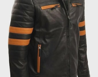 Men's Black Leather Biker Jacket with Orange Stripes – Café Racer Style Coat