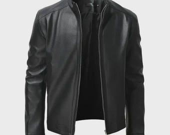 Giacca da uomo in vera pelle di agnello nera, vestibilità slim, stile biker casual cafe racer, taglia XXL