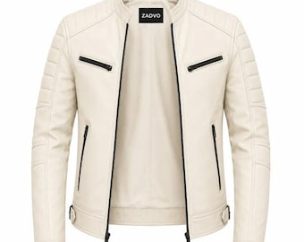 Men's Cream Leather Cafe Racer Jacket | Slim Fit Biker Outerwear