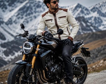 Men's Cream Brown Leather Biker Jacket | Slim Fit Cafe Racer Motorcycle Apparel
