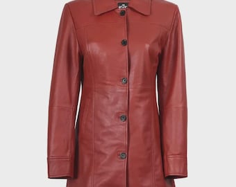 Women's Red Real Leather Car Coat