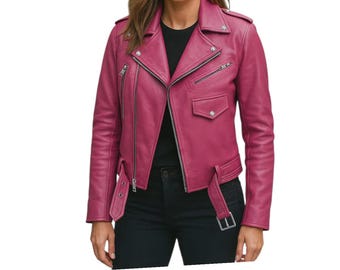 Pink Motorcycle Leather Jacket - Biker Jacket With Asymmetrical Zipper Closure For Women