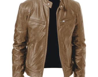Men’s Brown Genuine Leather Jacket – Slim Fit Motorcycle Style Biker Outerwear – Classic Casual Fashion