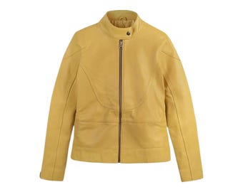 Women's Mustard Yellow Genuine Leather Jacket – Stylish Moto Biker Fit, Handmade Soft Lambskin Outerwear