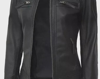 Ladies Women Black Slim Fit Biker Lambskin Leather Designer Soft Leather Jacket