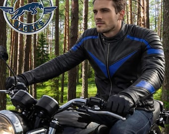 Black & Blue Leather Biker Jacket – Men’s Racing Motorcycle Style