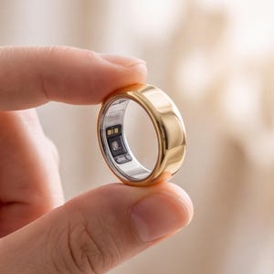 May include: A polished gold-tone smart ring featuring a smooth, reflective outer band and a contrasting silver-colored inner lining. The interior surface displays integrated electronic sensors and small black components for tracking functionality.