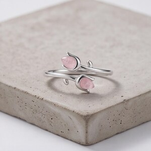 Sterling Silver Rose Quartz Tulip Ring, Adjustable Floral Jewelry, Dainty Gift