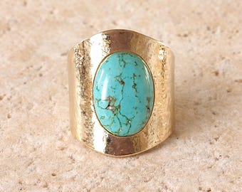 Genuine Turquoise Ring, 24K Gold Plated, Hammered – Wide Boho Native American Ring, Handmade Women's Jewelry.