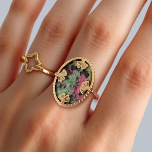 Ruby zoisite gemstone ring. Oval ginkgo biloba ring. Delicate handmade stainless steel ring.