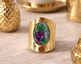 Ruby Zoisite Ring – Natural Stone Ring in Fine Gold Plated – Boho Chic Ring – Handmade Women's Ring – Green Stone Jewelry – Gift for Women