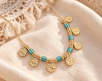 Collar fino de color turquesa y oro champán, cadena de acero inoxidable, colgantes, cuentas Miyuki | SIERRA. Delicado collar de estilo bohemio. Regalo para ella.