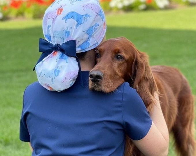 Preppy Dogs with Bows Scrub Cap with Tie Back, Dog Ponytail Style Nurse Hat, Cute Vet Tech and Medical Hair Cover, Dogs with Bows Scrub Cap