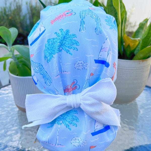 Gorro quirúrgico con diseño de velero costero y langosta, gorro de enfermera de verano con lazo, gorro quirúrgico tropical, gorro quirúrgico con diseño de langosta, gorro quirúrgico con diseño de velero