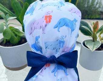 Preppy Dogs with Bows Scrub Cap with Tie Back, Dog Ponytail Style Nurse Hat, Cute Vet Tech and Medical Hair Cover, Dogs with Bows Scrub Cap