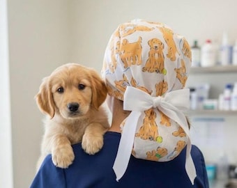 Preppy Puppy Scrub Cap with Tie Back Bow – Golden Dog Scrub Hat with White or Navy Ribbon, Cute Medical Cap for Nurses and Vets
