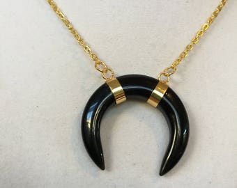 Black Agate Crescent Moon Gold Necklace